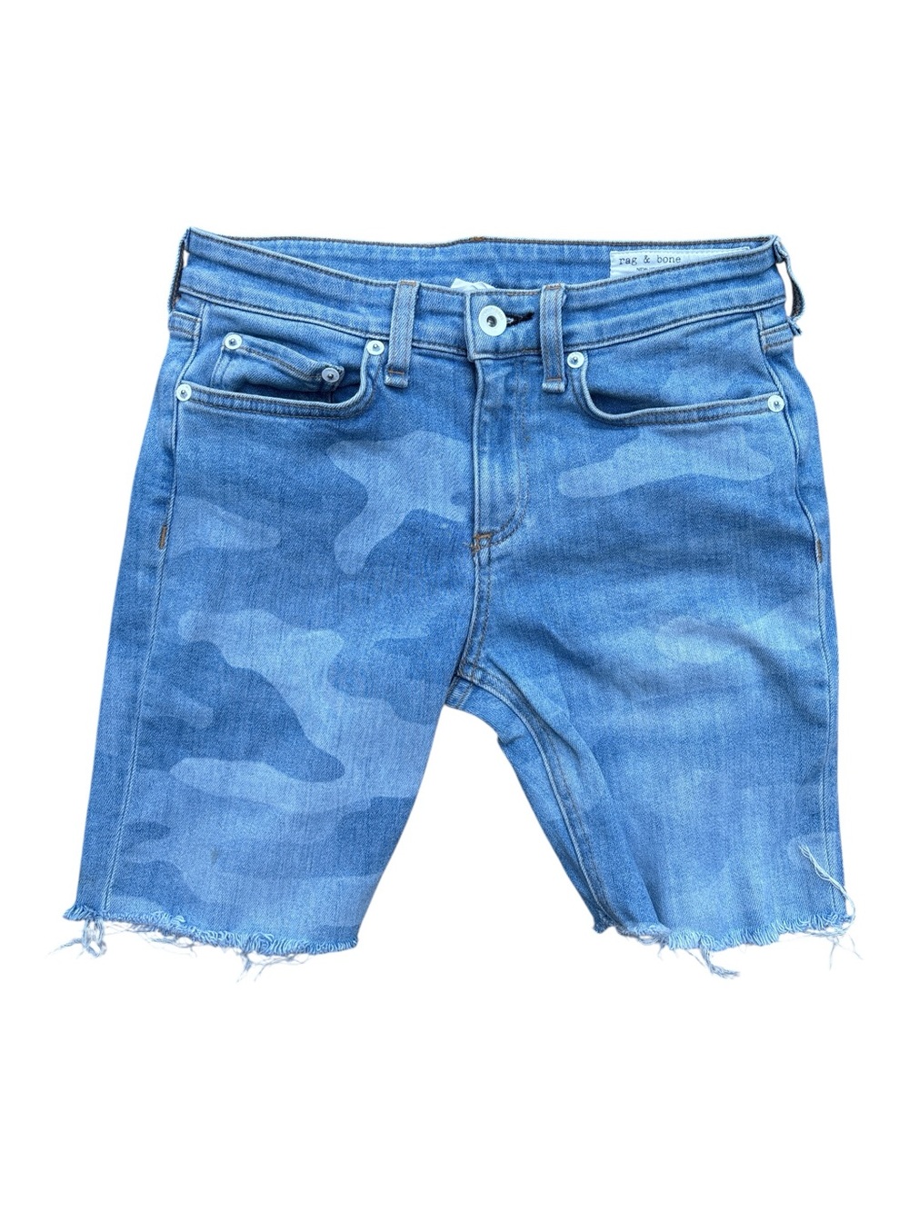 rag & bone Cate Mid Rise Blue  Camouflage Cutoff Denim Shorts 24